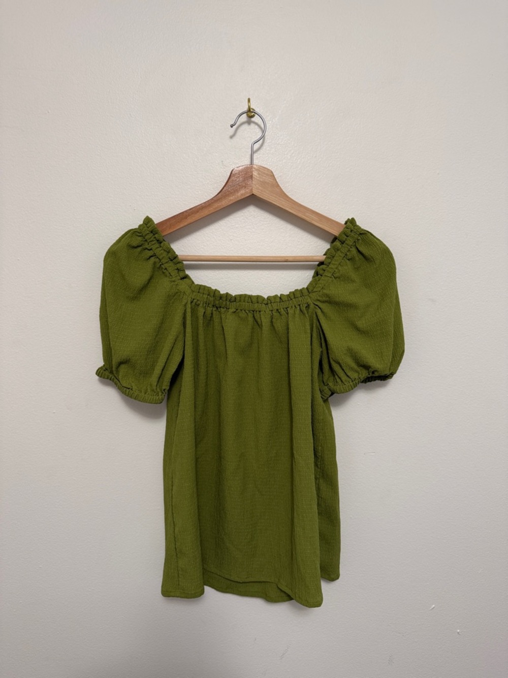 Rareism Green Ruched Square Neck Ruffle Top